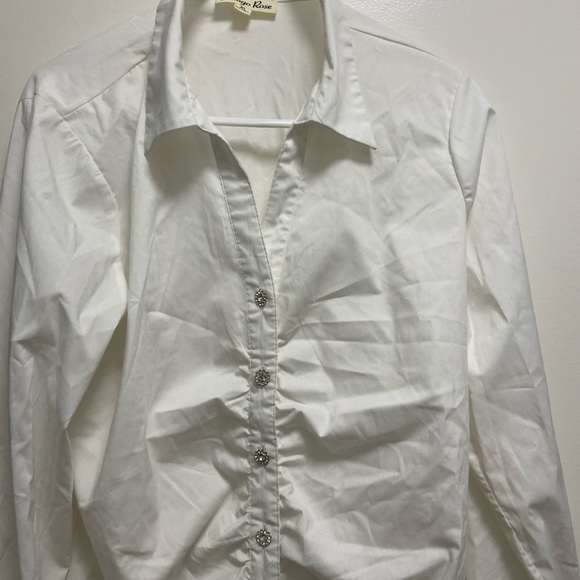 Indigo Rose white business button down top w crystal buttons blingy size large - Picture 2 of 6